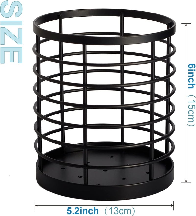 WDT Tool Utensil holder for Kitchen Counter - 5.2" x 5.2" x 6" Large Round Utensils Holder with Wooden Base Matte Black Cooking Utensil Holder，Kitchen countertop Utensil Organizer (Metal) - Image 4